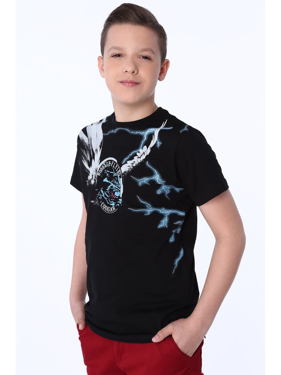 Tricou băiat cu aplicație, negru NDZ7733 - Magazin online - Boutique